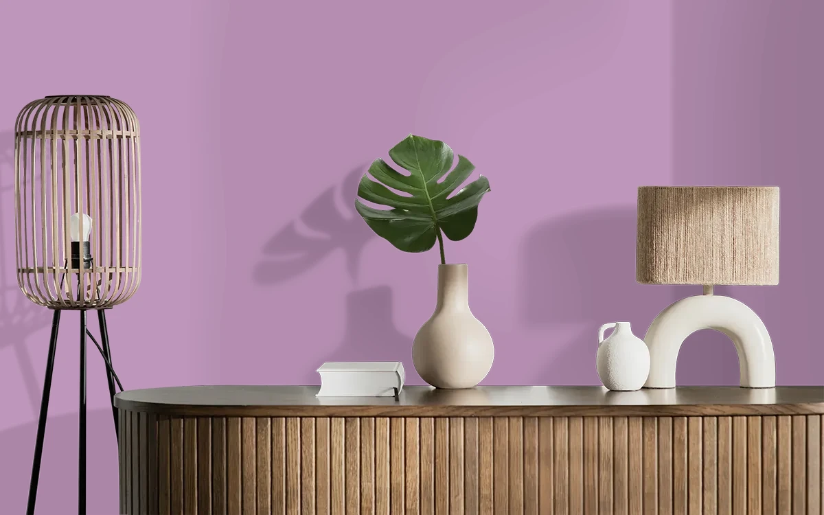 Nippon Paint's CREEPING PHLOX color on different wall surfaces.