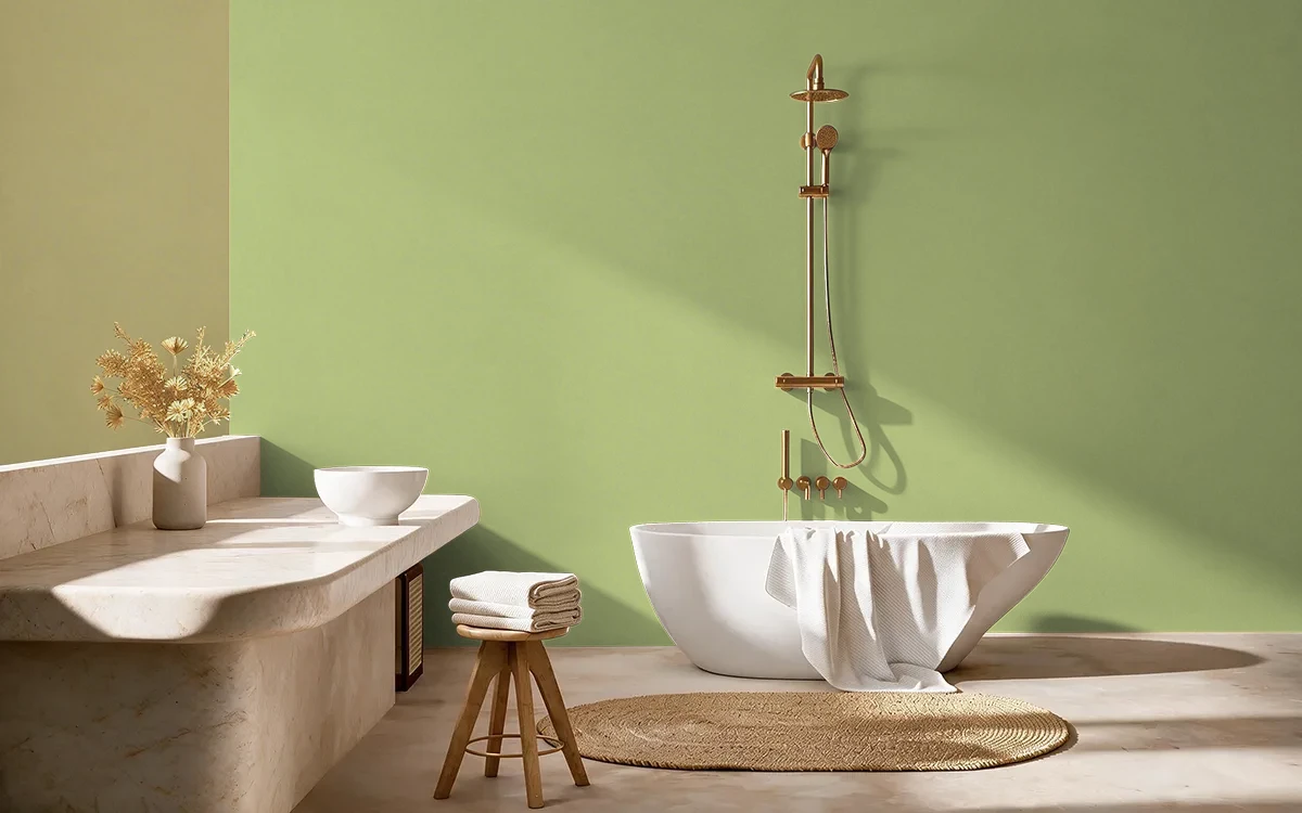Nippon Paint's CREEPING WILLOW color on different wall surfaces.