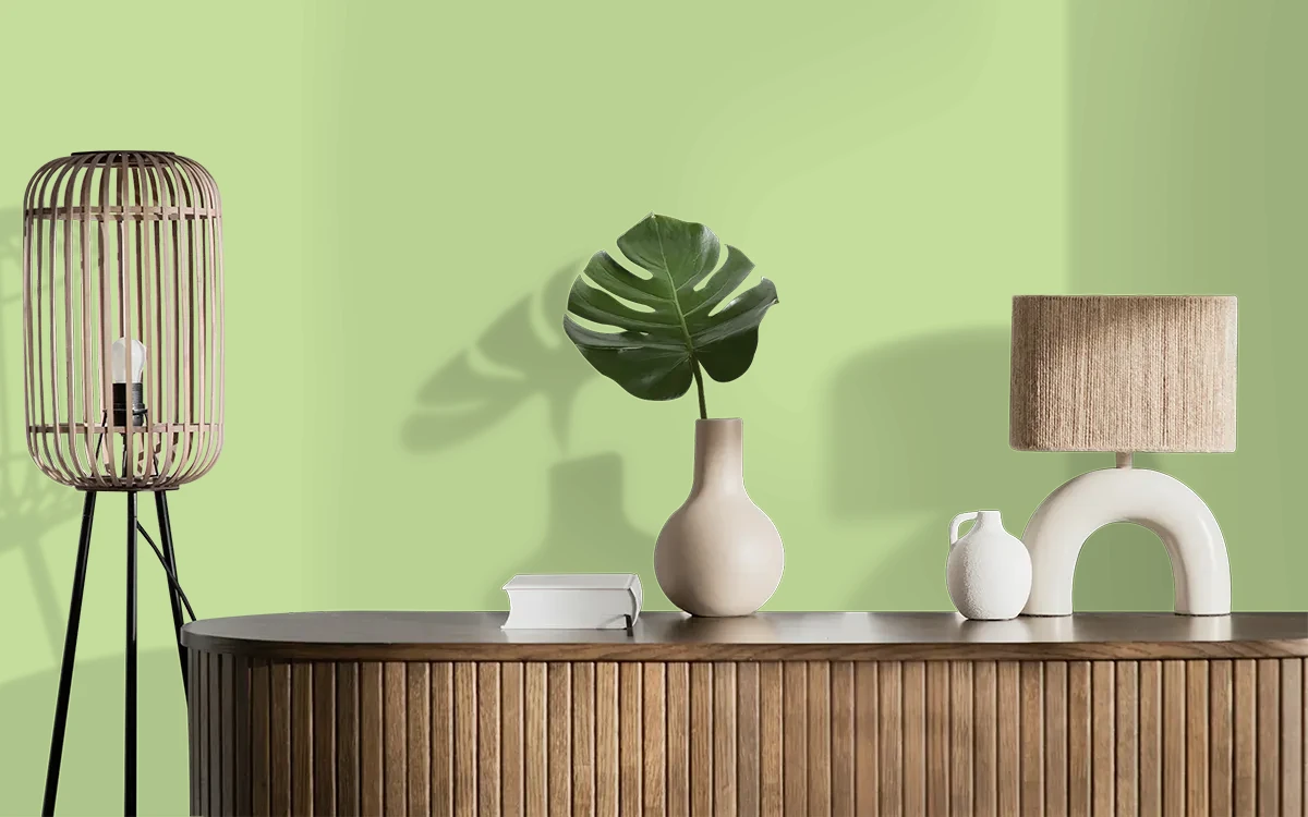 Nippon Paint's CUCUMBER SALAD color on different wall surfaces.