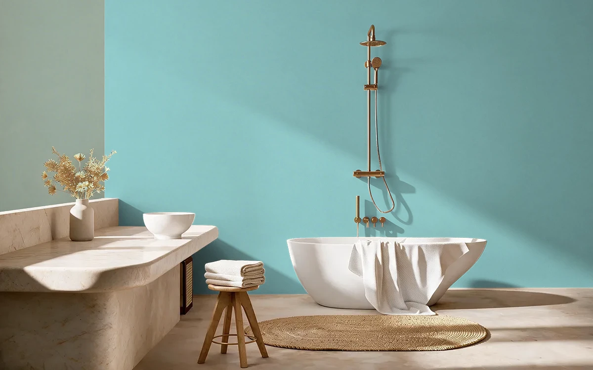 Nippon Paint's DISTANT BLUE color on different wall surfaces.