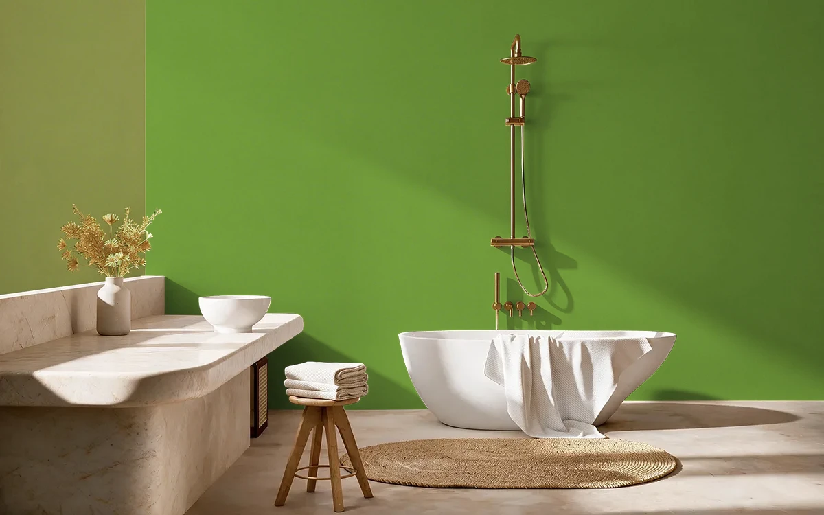 Nippon Paint's DOMINO GREEN color on different wall surfaces.