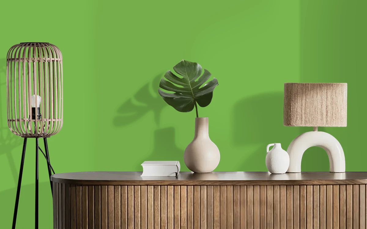 Nippon Paint's EMERALD FLASH color on different wall surfaces.