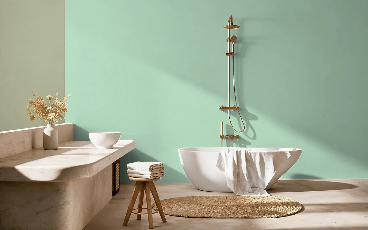 Nippon Paint's EVERGREEN AURA color on different wall surfaces.