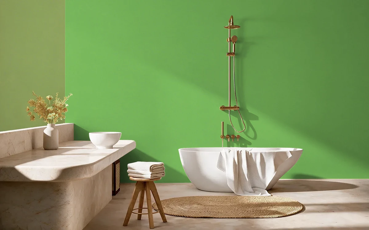 Nippon Paint's FROLIC GREEN color on different wall surfaces.