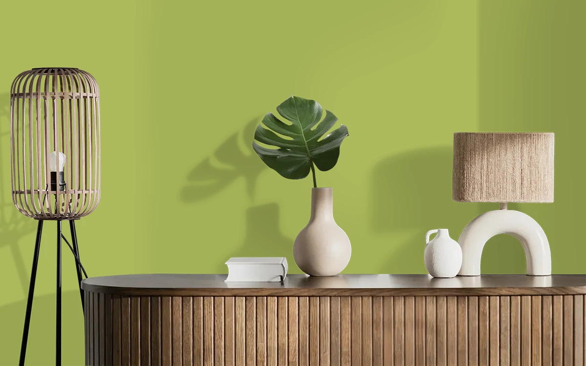Nippon Paint's GRASSY LAWN color on different wall surfaces.