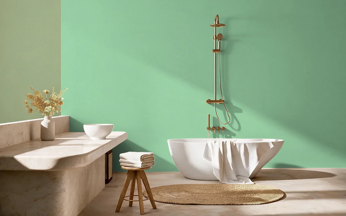 Nippon Paint's GREEN HIGHLANDS color on different wall surfaces.