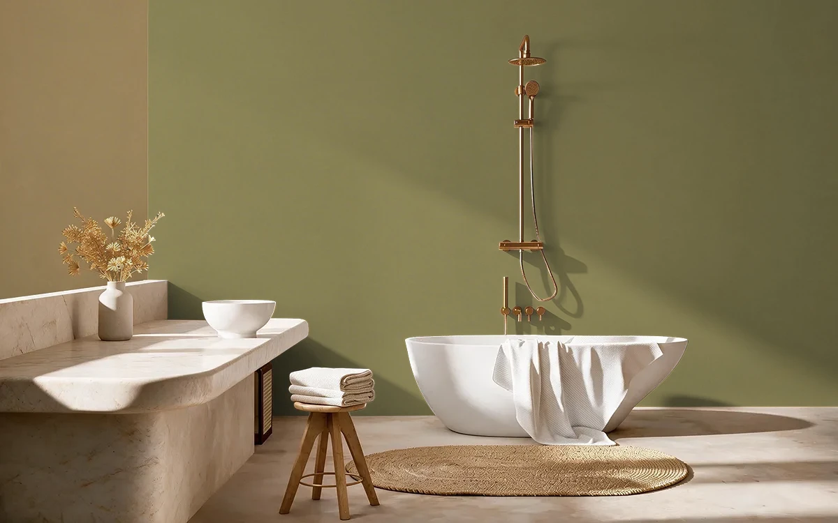 Nippon Paint's GREEN MILE color on different wall surfaces.