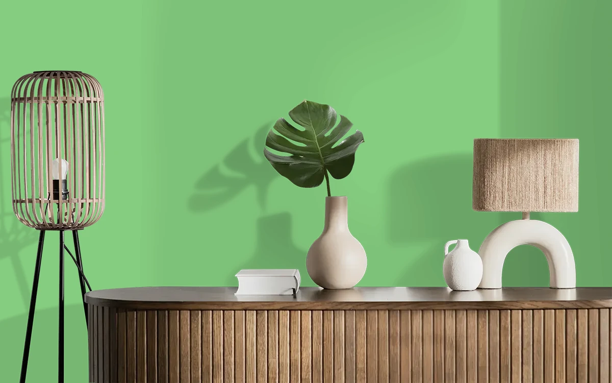 Nippon Paint's GREEN PEACE color on different wall surfaces.
