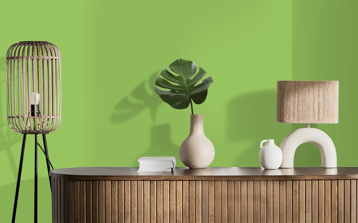 Nippon Paint's GREEN WILLOW color on different wall surfaces.