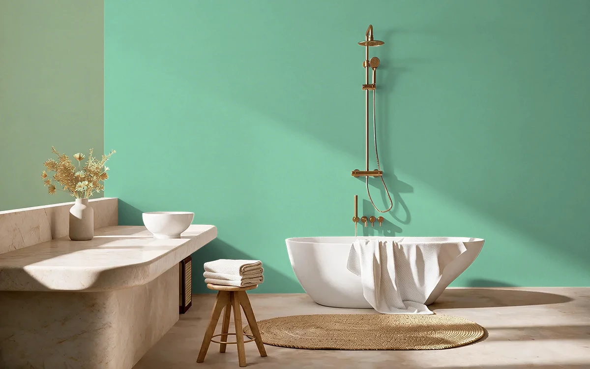 Nippon Paint's GREEN WITH ENVY color on different wall surfaces.