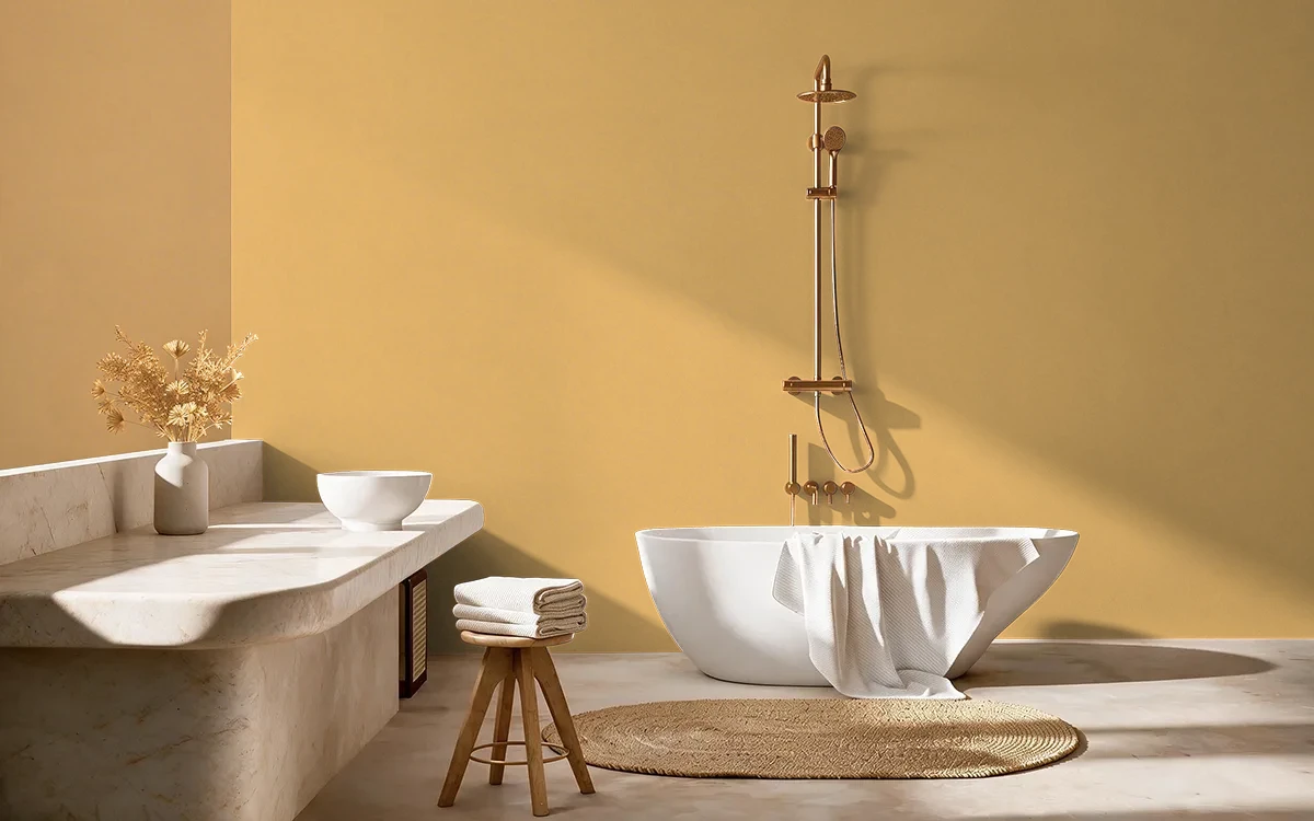 Nippon Paint's INDIAN SAFFRON color on different wall surfaces.