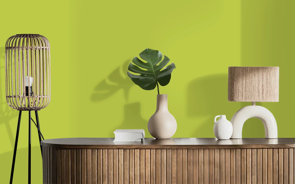 Nippon Paint's KAFFIR LIME color on different wall surfaces.
