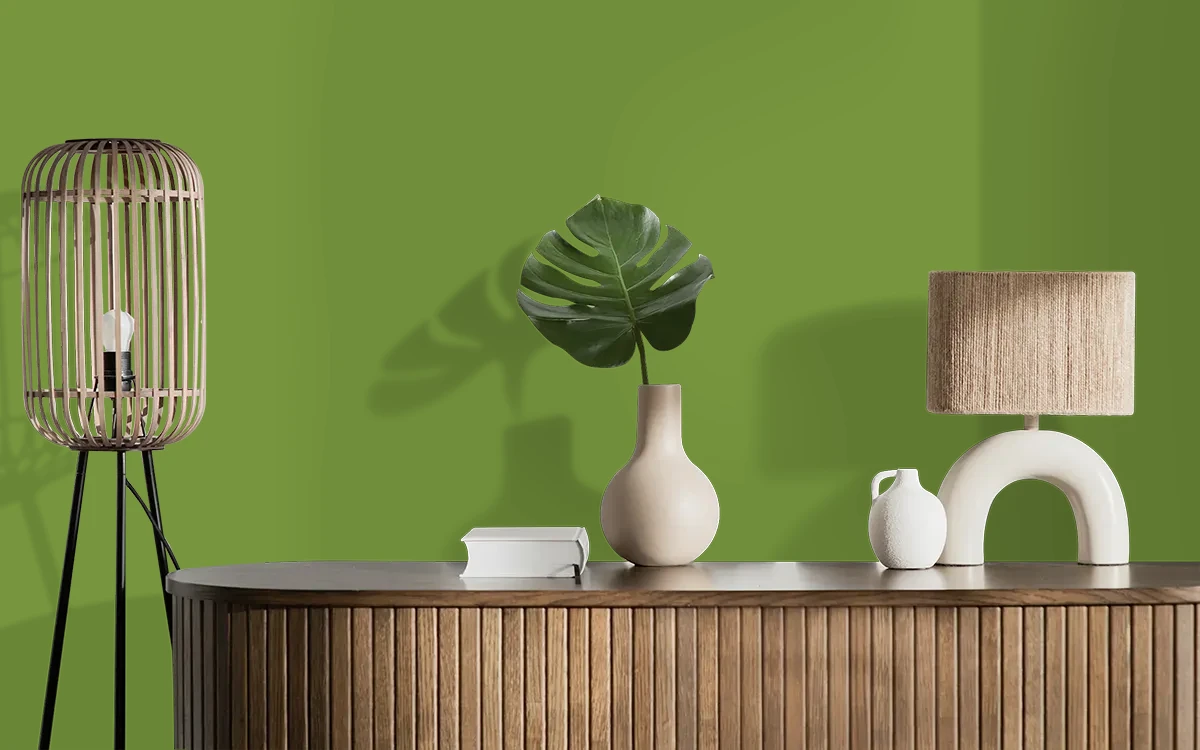 Nippon Paint's KIWI KISS color on different wall surfaces.