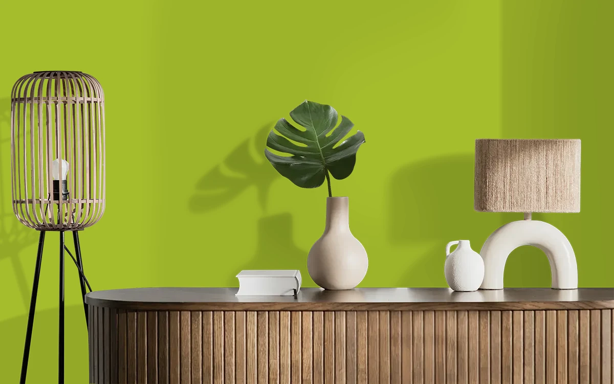 Nippon Paint's LIME TIME color on different wall surfaces.