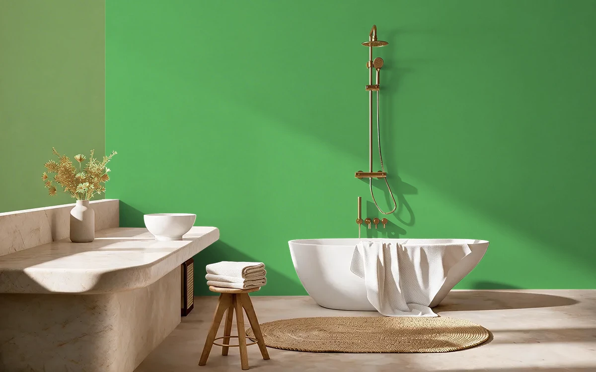 Nippon Paint's MATCHA GREEN color on different wall surfaces.