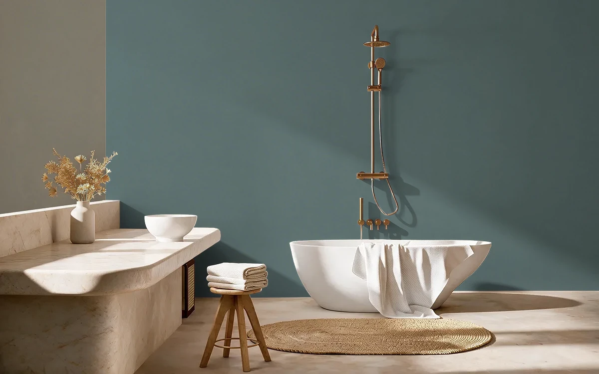 Nippon Paint's MAURYAN SEA color on different wall surfaces.