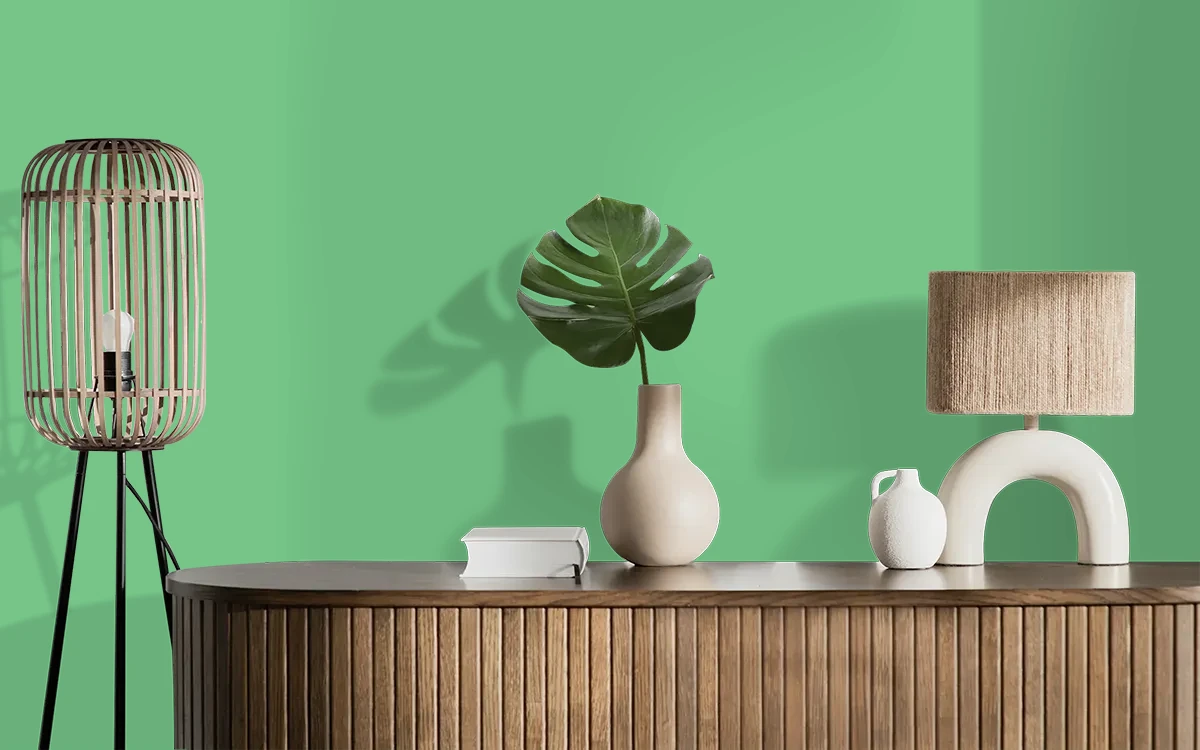 Nippon Paint's MEADOW BRIDGE color on different wall surfaces.