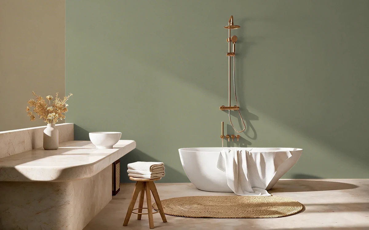 Nippon Paint's MEADOW CRUSH color on different wall surfaces.