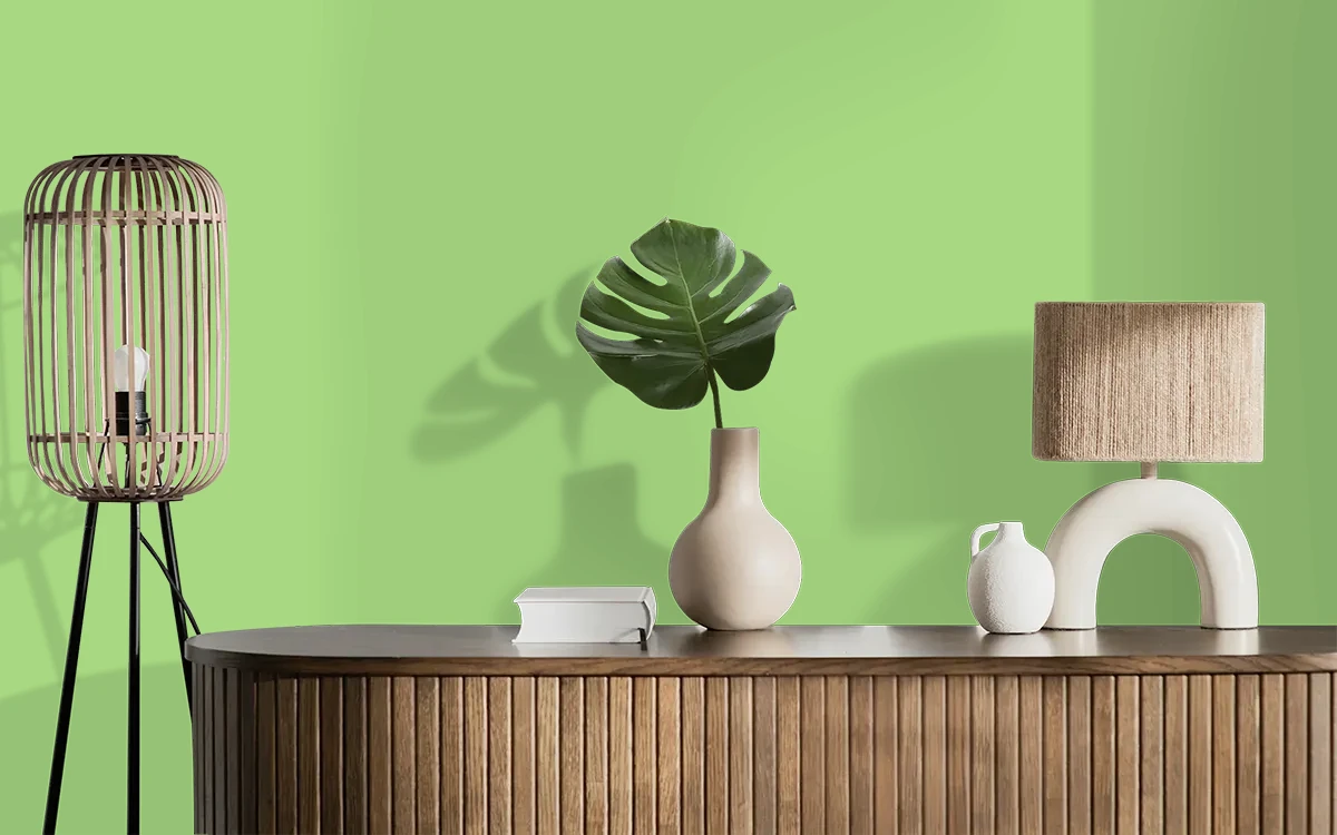 Nippon Paint's MORNING CLOVER color on different wall surfaces.
