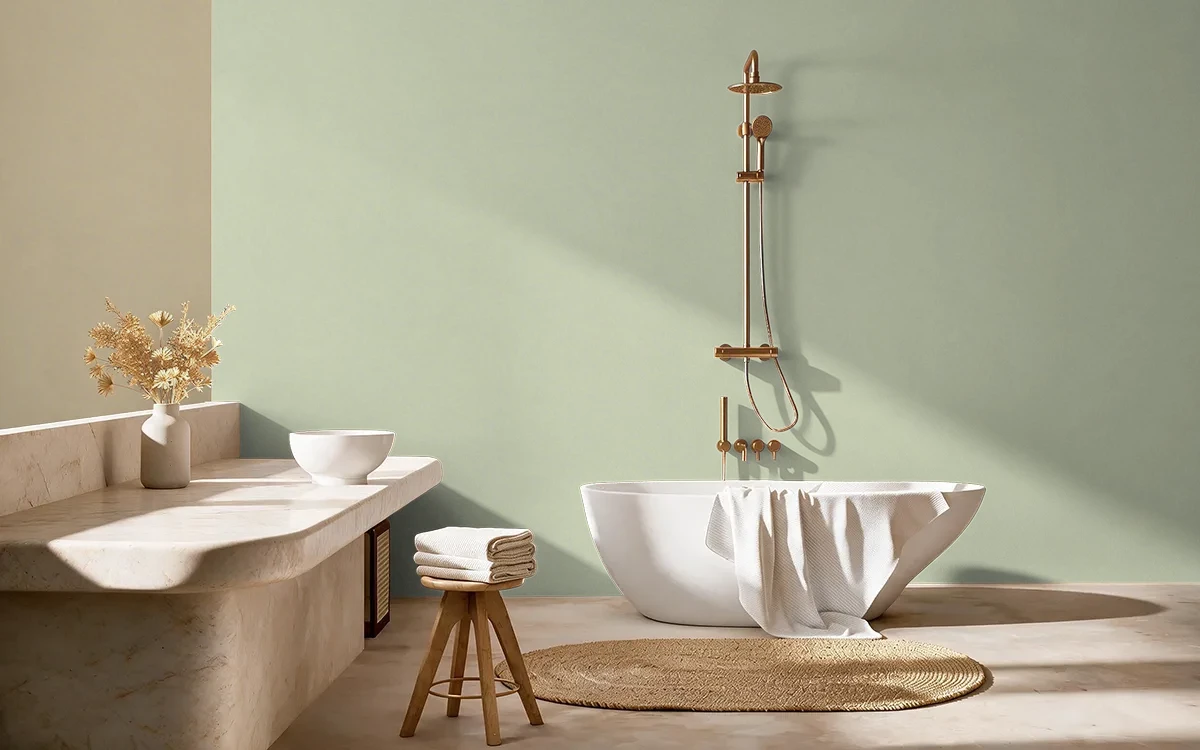 Nippon Paint's MOSSY FLARE color on different wall surfaces.