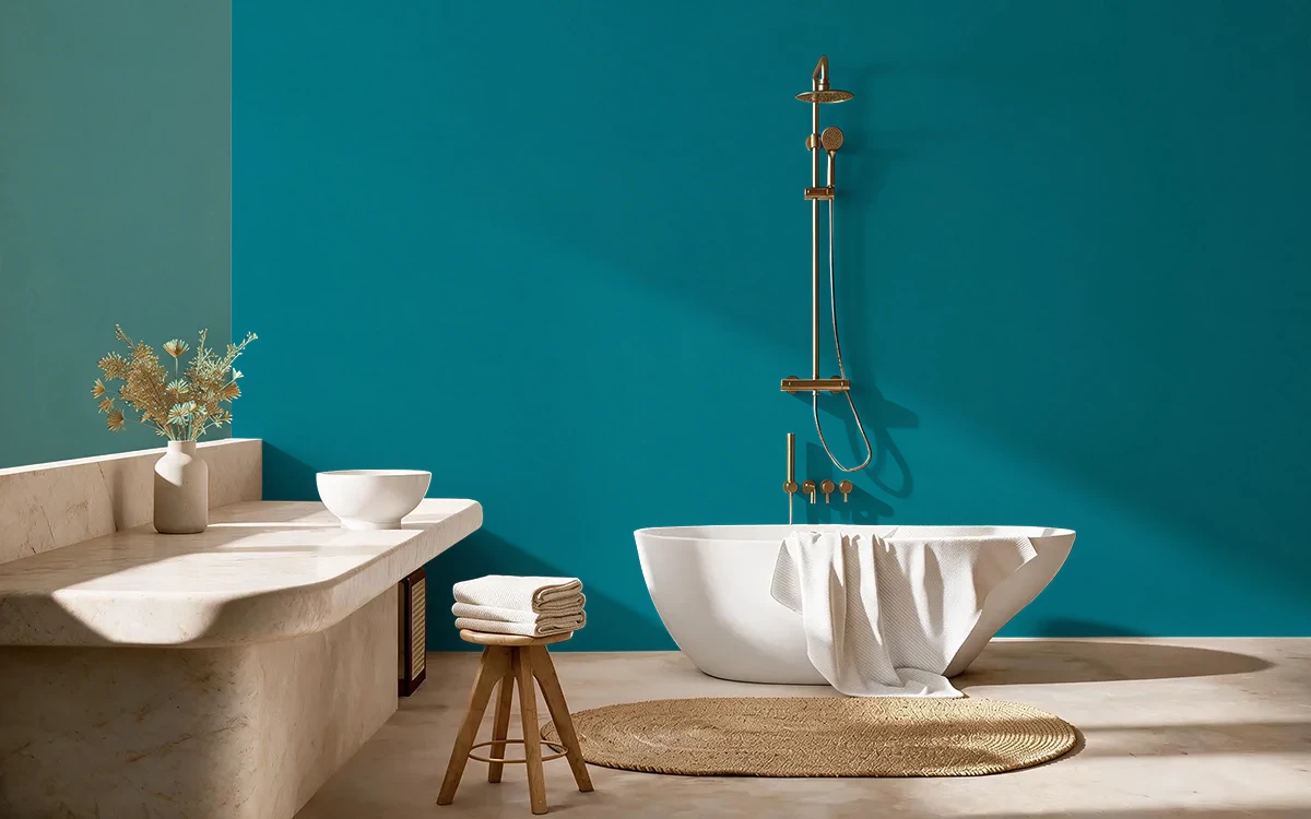 Nippon Paint's NAVAJO TURQUOISE color on different wall surfaces.