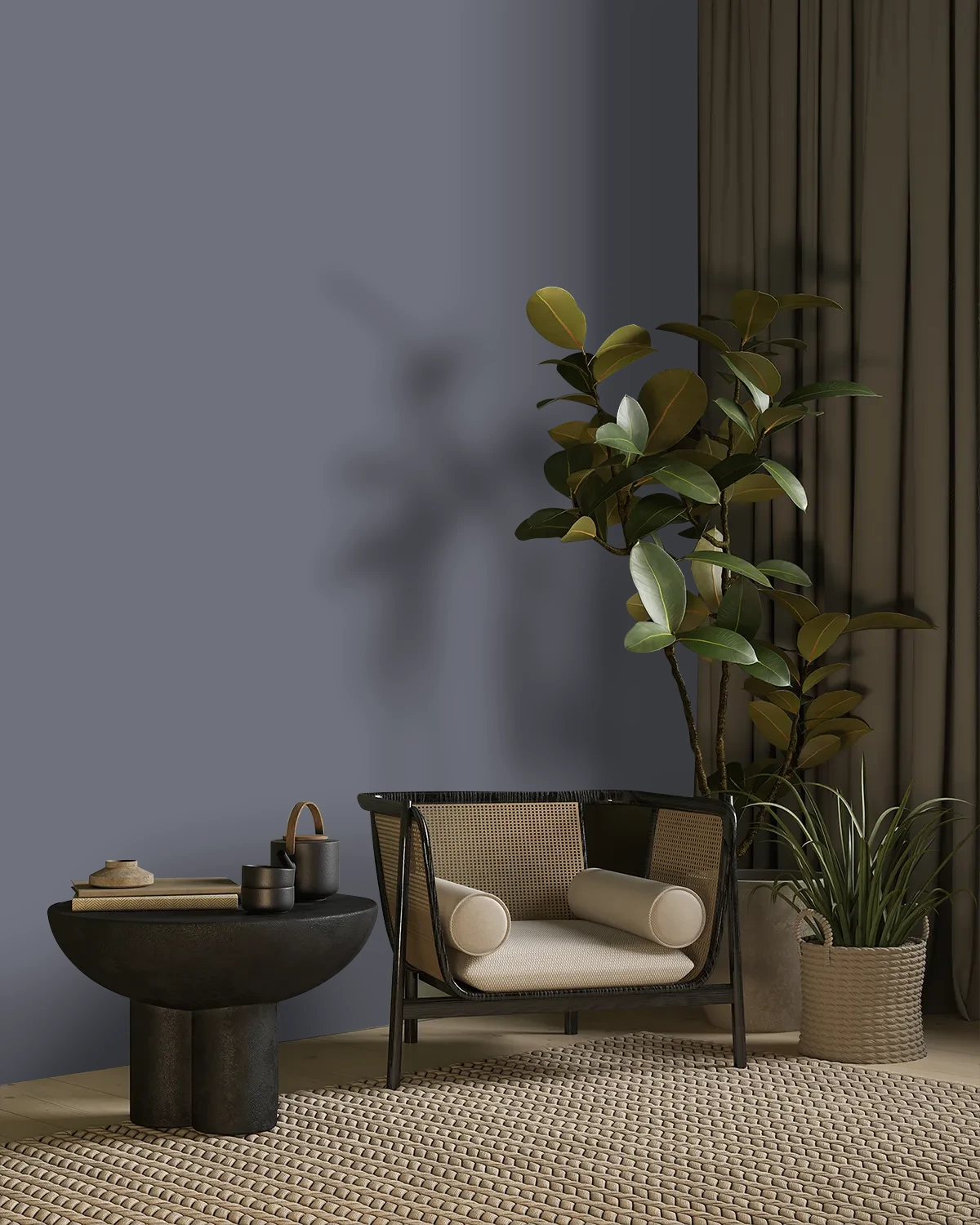Nippon Paint's NOTTINGHAM'S NIGHTFALL color on a beautifully decorated wall.