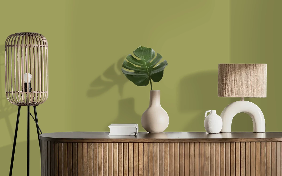 Nippon Paint's OLIVE DREAM color on different wall surfaces.