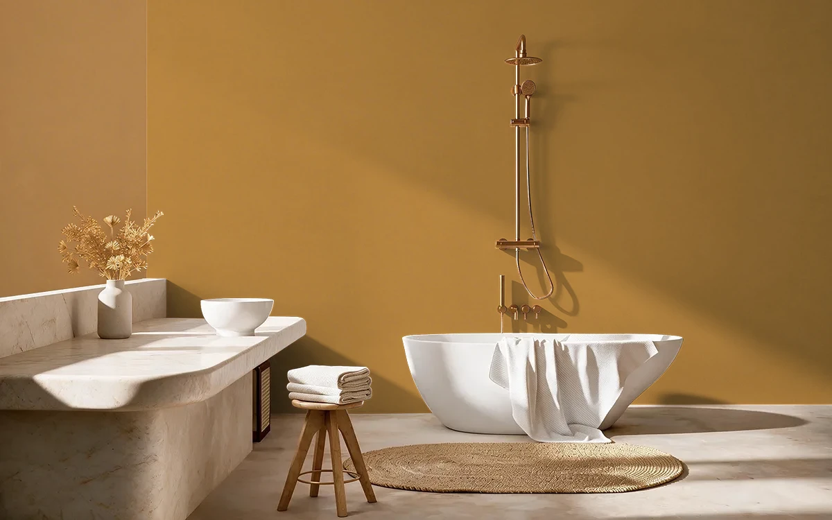 Nippon Paint's OLLIE GOLD color on different wall surfaces.
