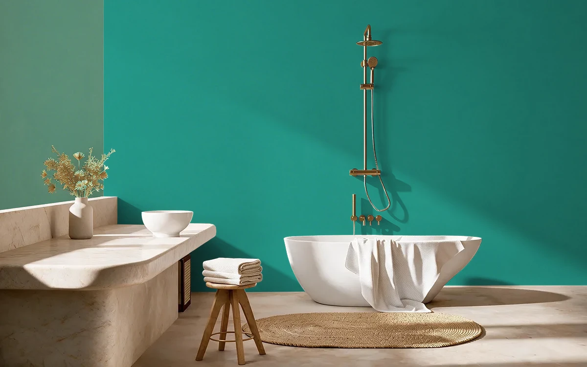 Nippon Paint's PEACOCK'S PLUME color on different wall surfaces.