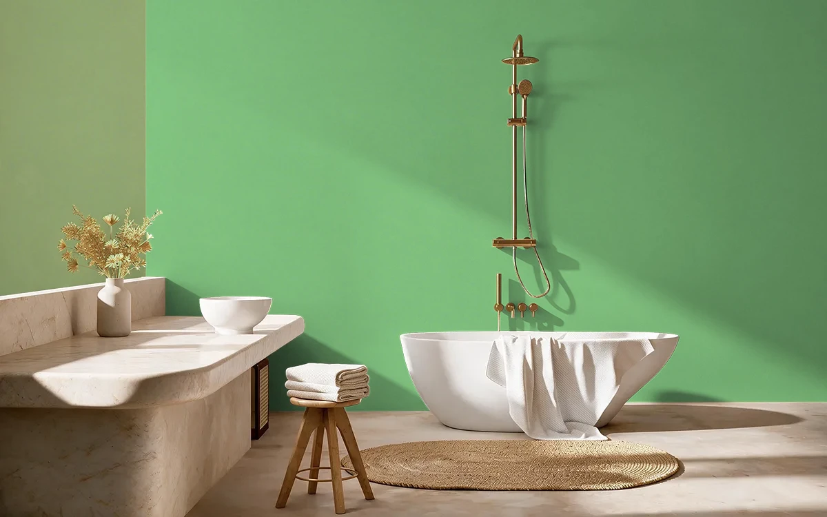 Nippon Paint's PICKING GREEN color on different wall surfaces.