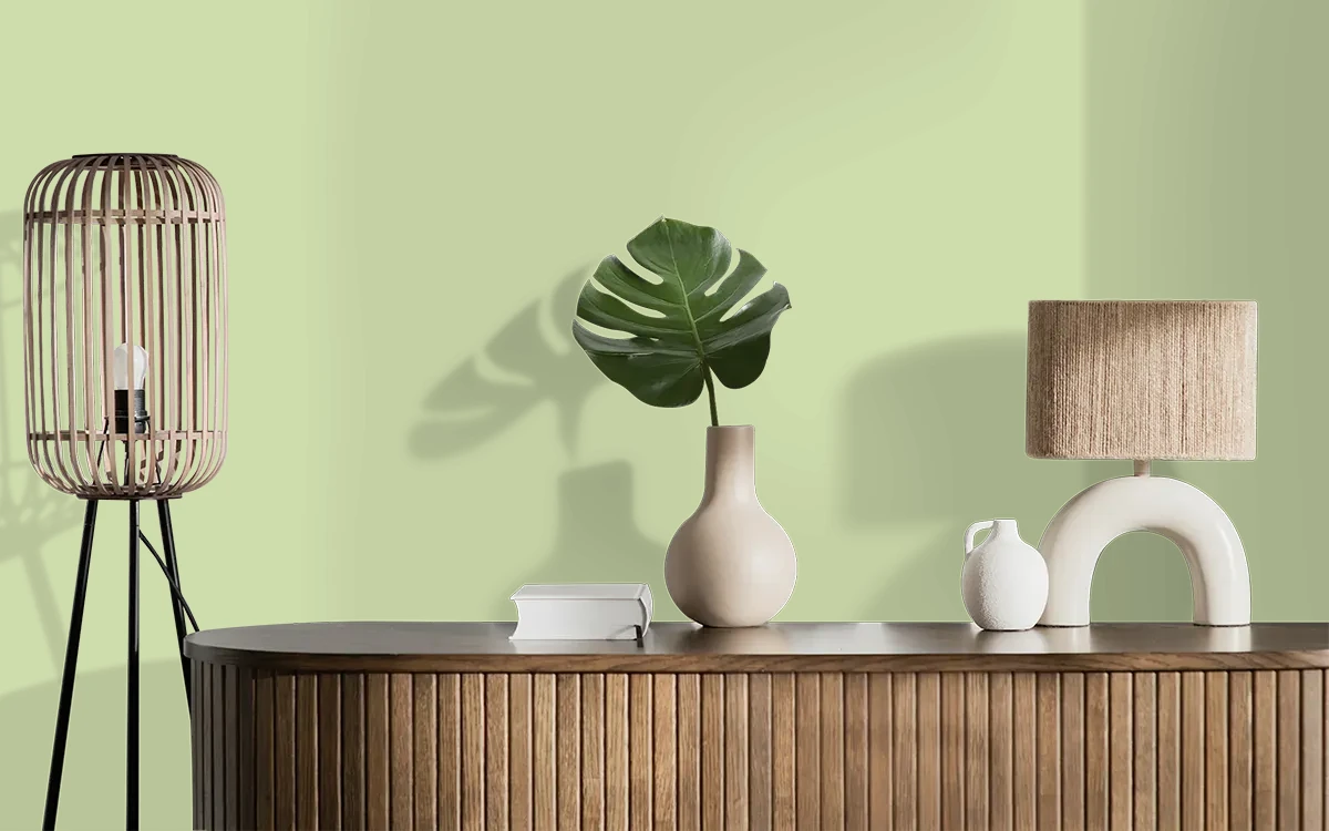 Nippon Paint's PISTACHIO SWIRL color on different wall surfaces.