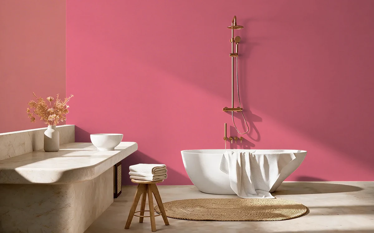 Nippon Paint's PRETTY IN PINK color on different wall surfaces.