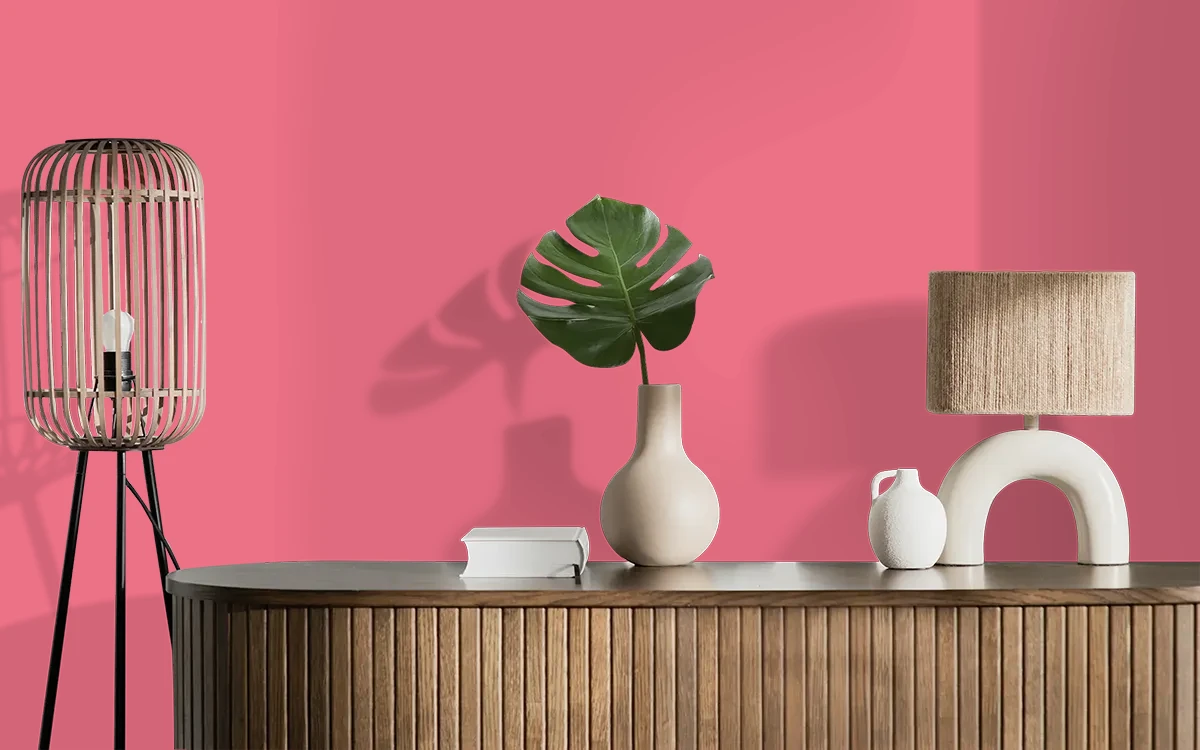 Nippon Paint's PRETTY IN PINK color on different wall surfaces.