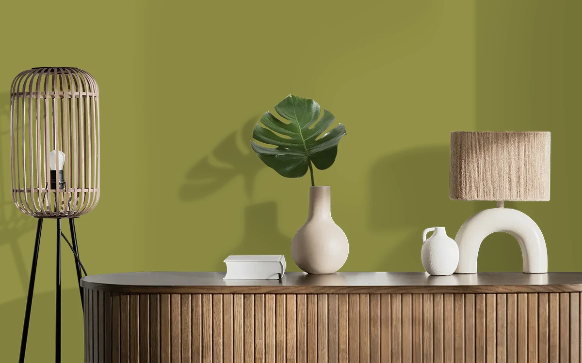 Nippon Paint's RIPE KIWI color on different wall surfaces.