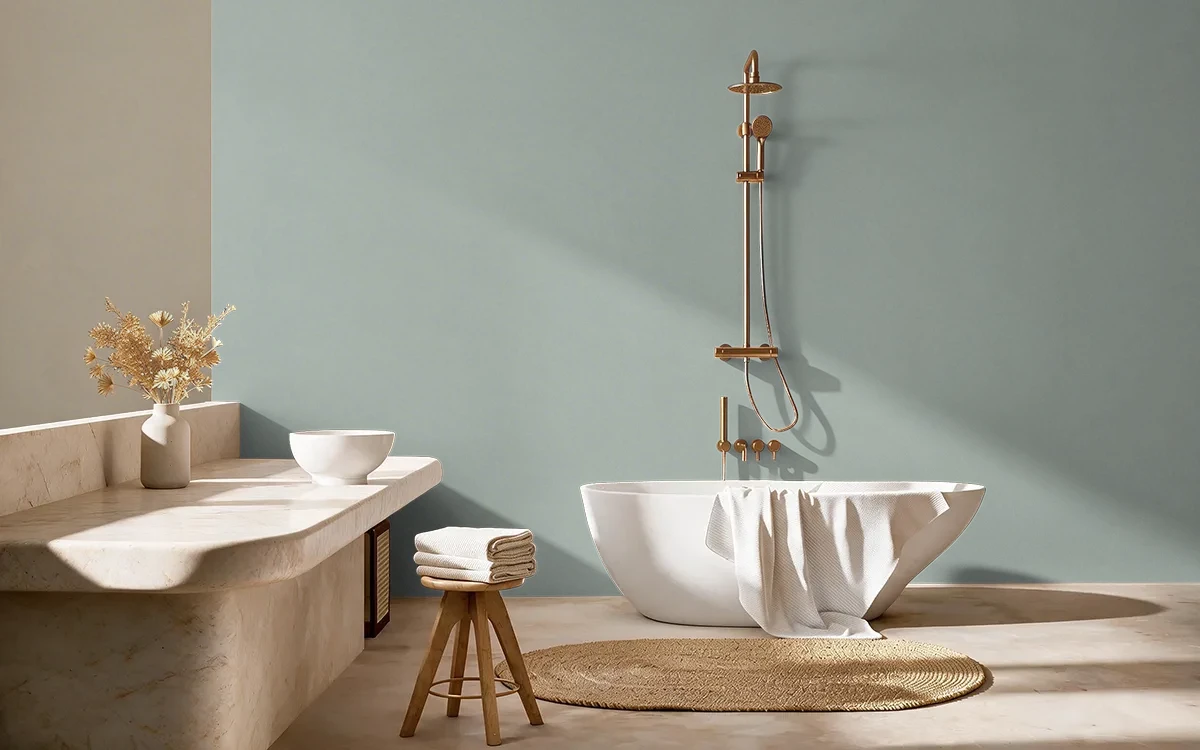 Nippon Paint's RIVER WATERS color on different wall surfaces.