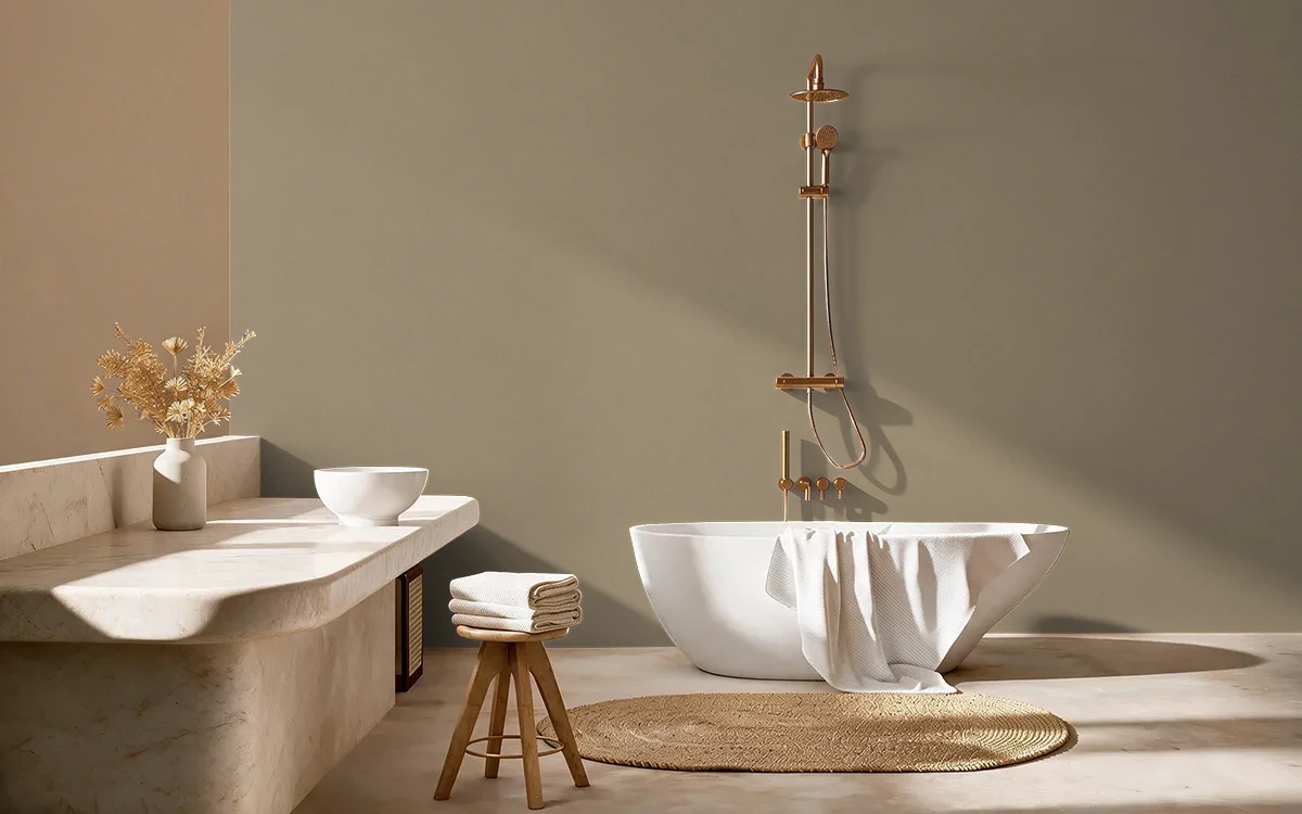 Nippon Paint's ROCKY LEDGE color on different wall surfaces.