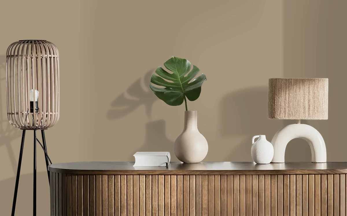 Nippon Paint's ROCKY LEDGE color on different wall surfaces.