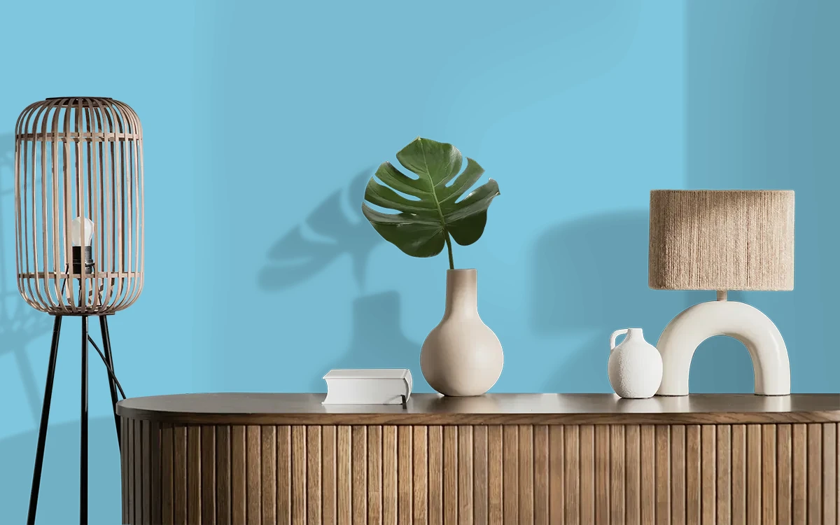 Nippon Paint's ROMANIAN SKY color on different wall surfaces.