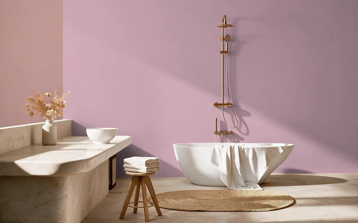 Nippon Paint's ROSE ROMPER color on different wall surfaces.