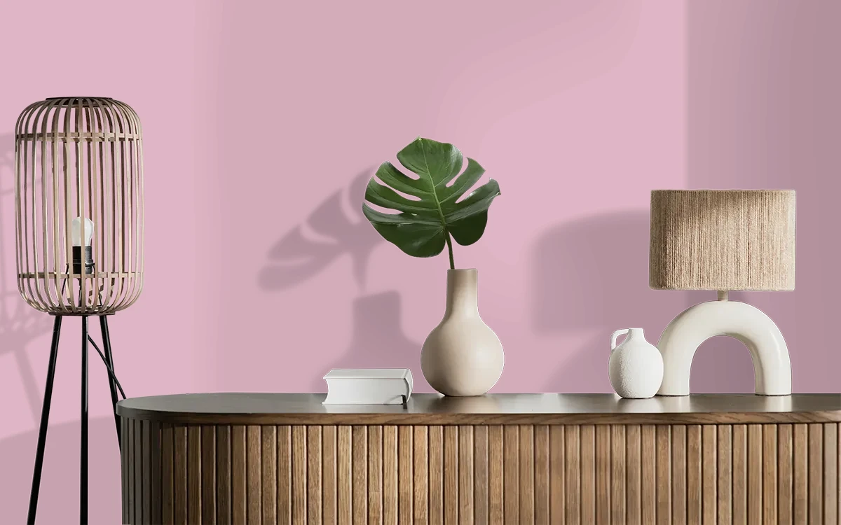 Nippon Paint's ROSE ROMPER color on different wall surfaces.