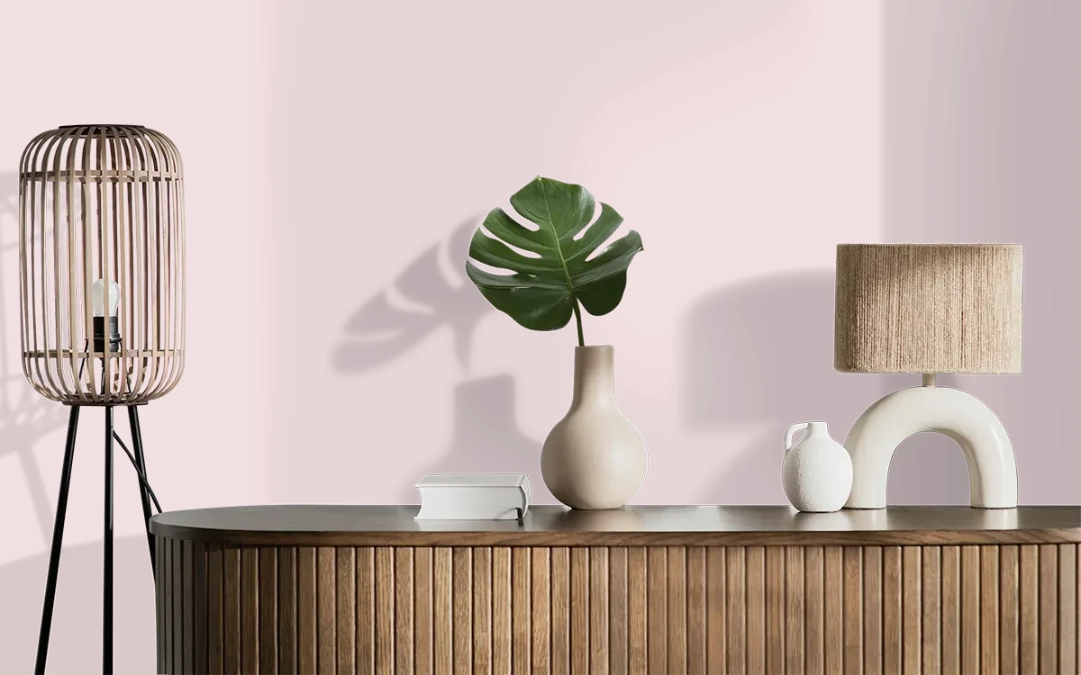 Nippon Paint's ROSE THOUGHTS color on different wall surfaces.