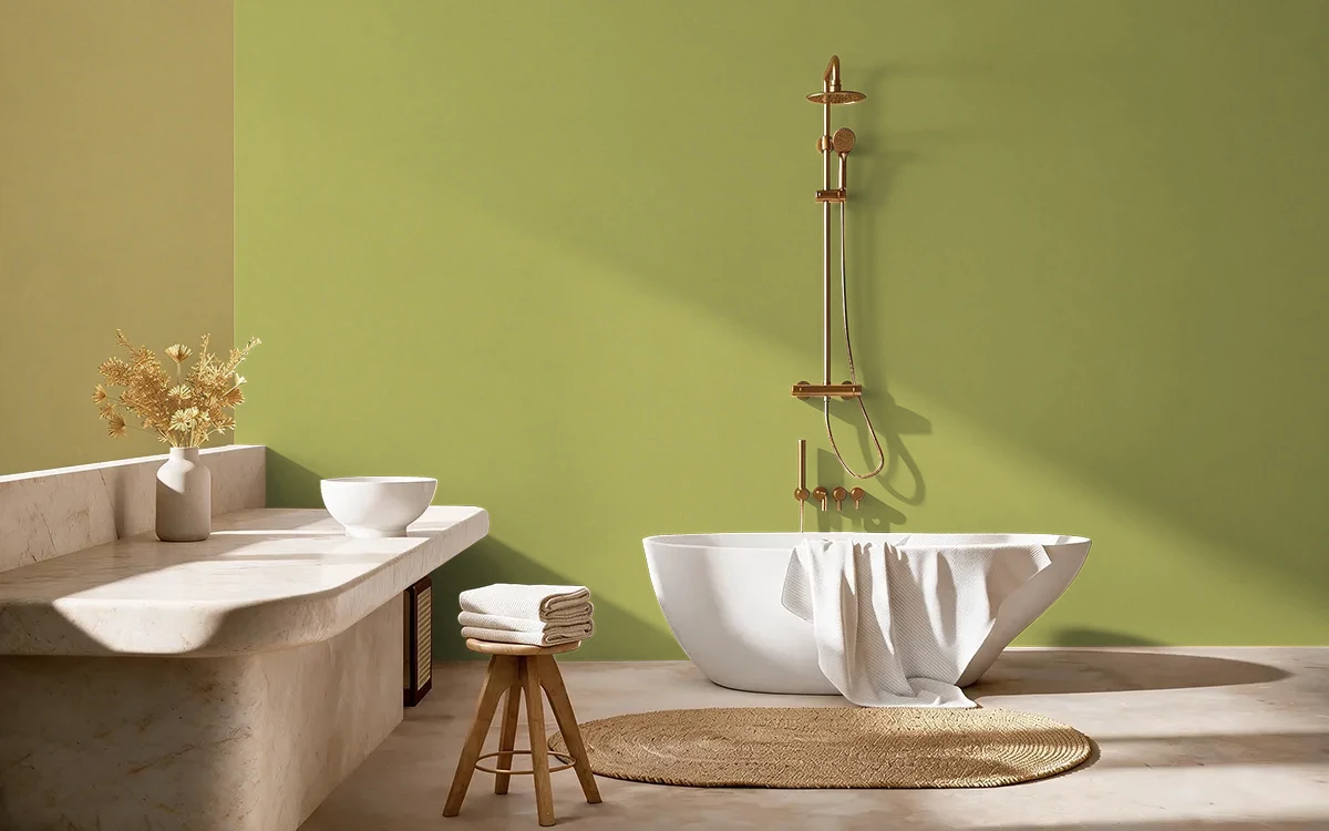Nippon Paint's SAGE GLEAM color on different wall surfaces.