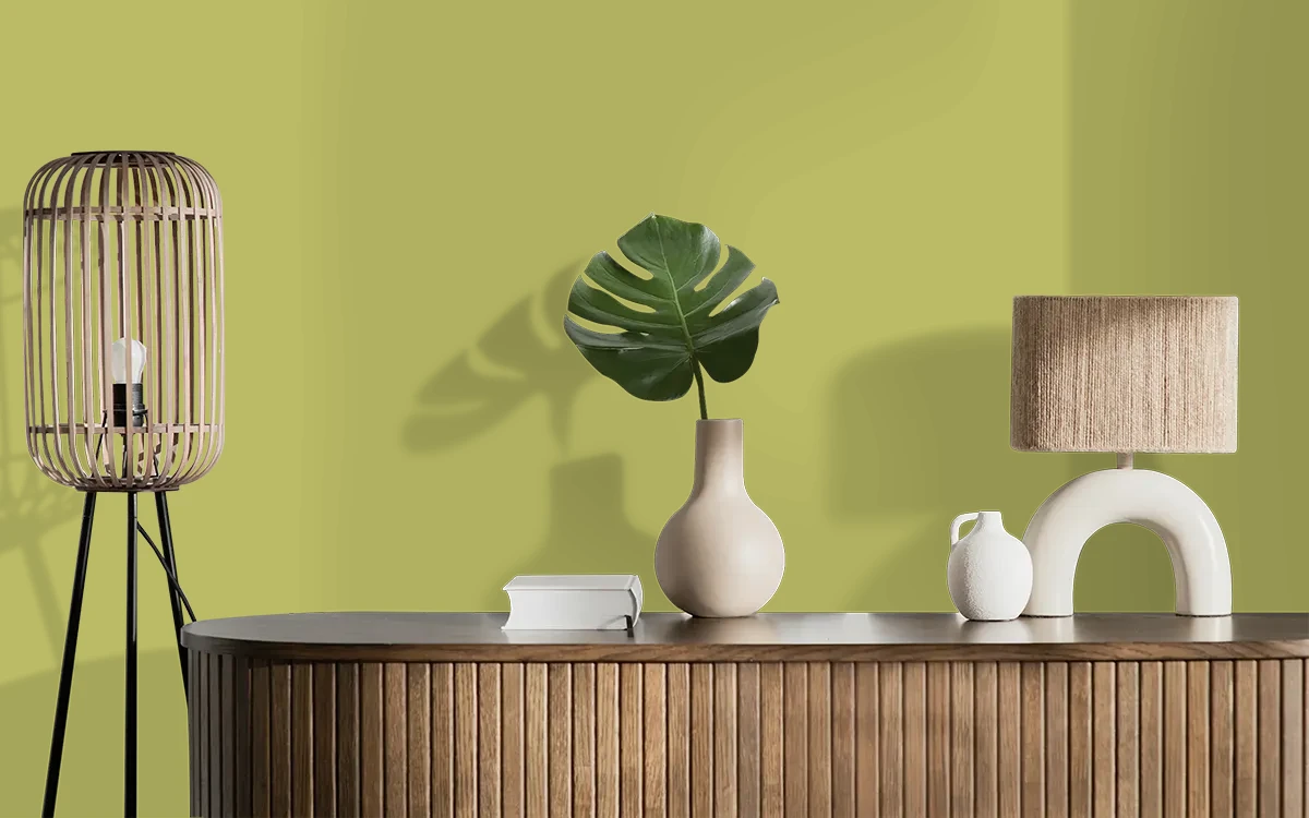 Nippon Paint's SAGE GLEAM color on different wall surfaces.