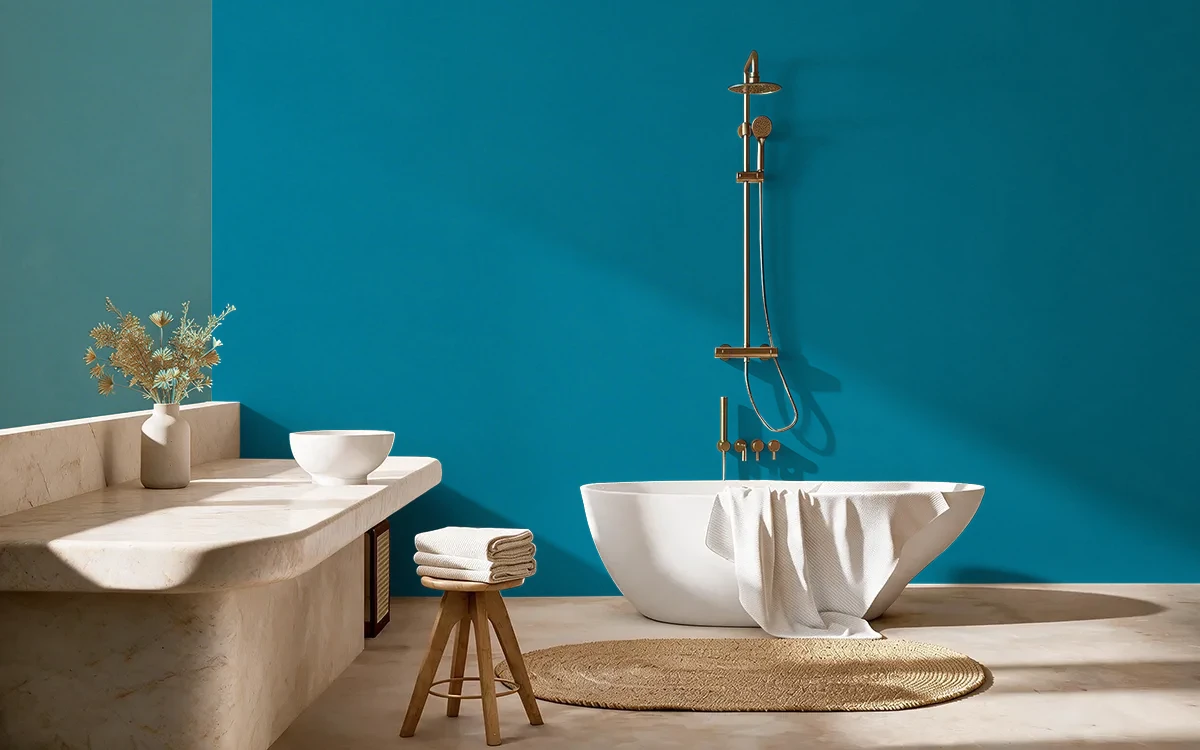 Nippon Paint's SAXONY BLUE color on different wall surfaces.