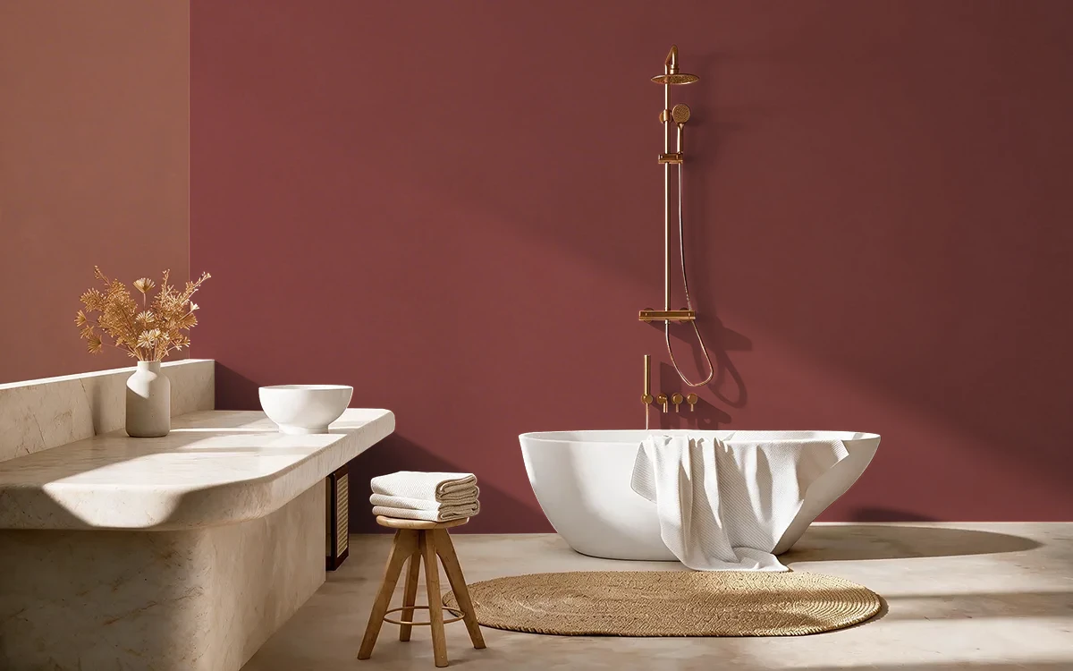 Nippon Paint's SCARLET OAK color on different wall surfaces.