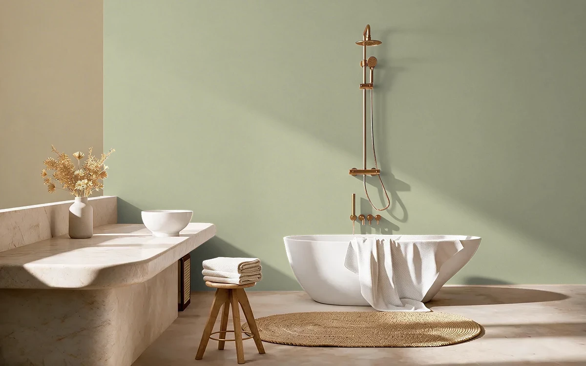 Nippon Paint's SHAMROCK GLOW color on different wall surfaces.