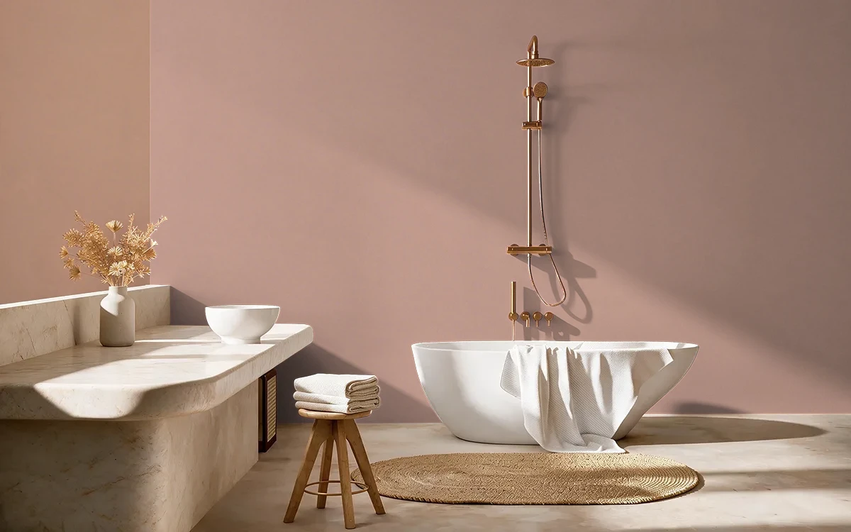 Nippon Paint's STANDISH ROSE color on different wall surfaces.