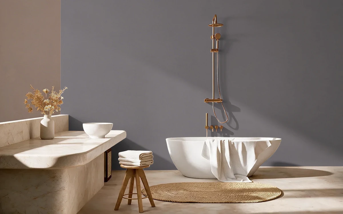 Nippon Paint's STONE BENCH color on different wall surfaces.