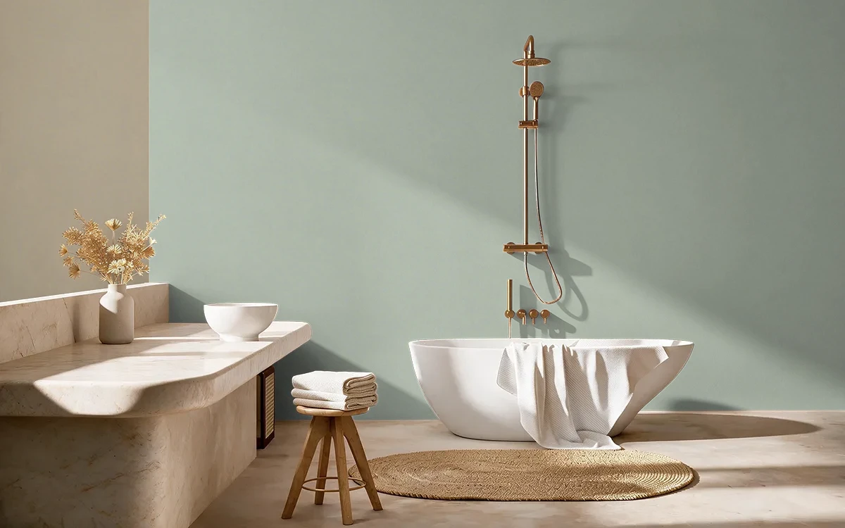 Nippon Paint's STONE GREEN color on different wall surfaces.