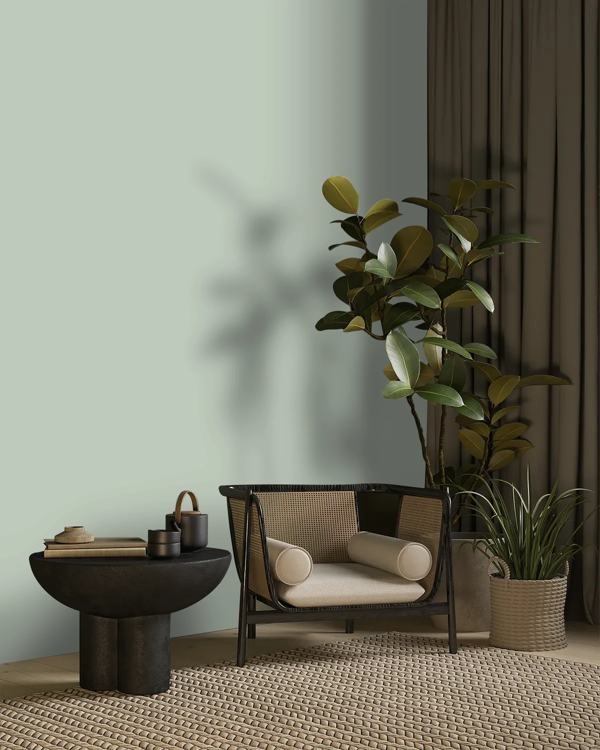 Nippon Paint's STONE GREEN color on a beautifully decorated wall.